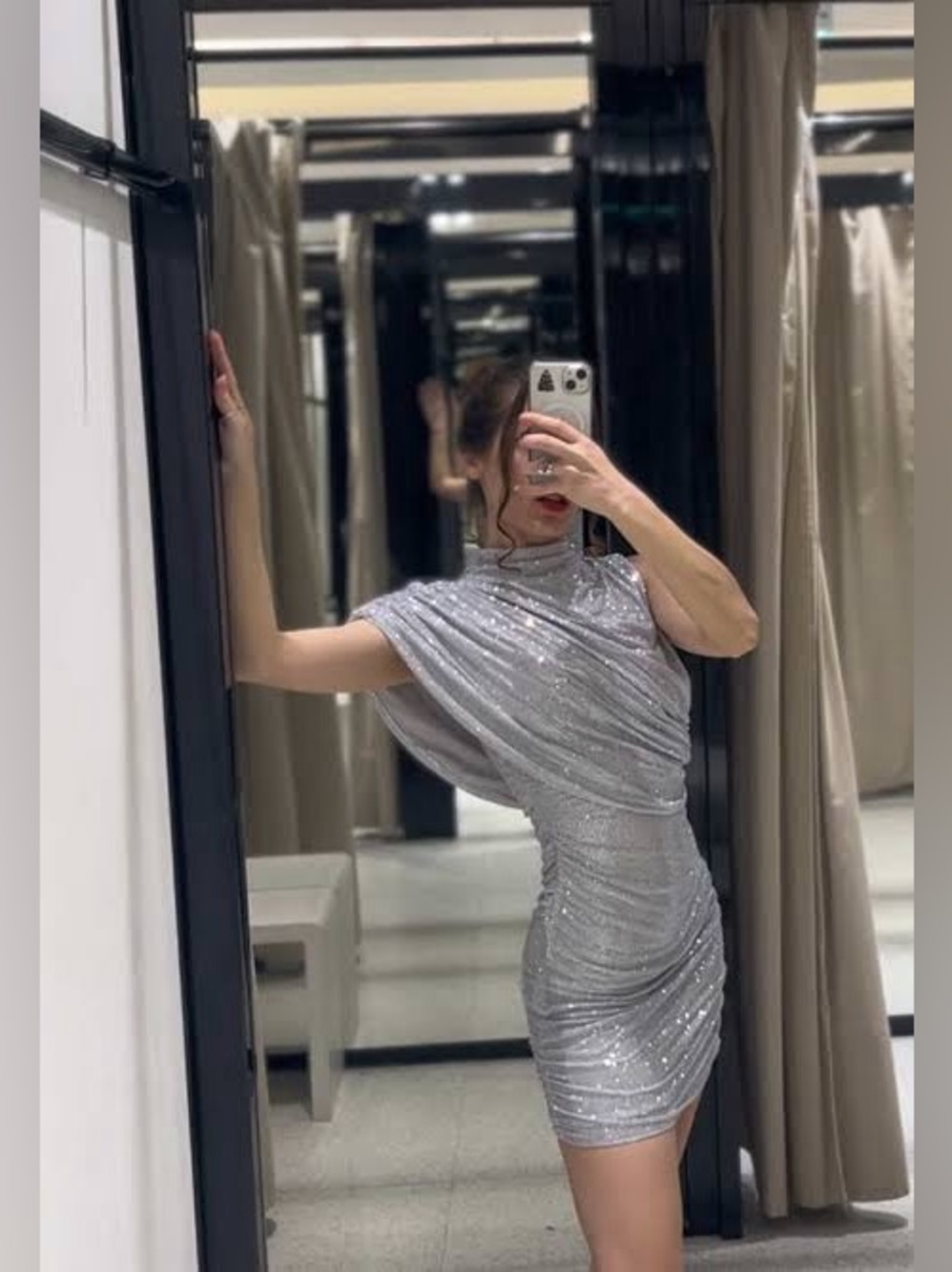 ZARA Silver One-Shoulder Ruched Mini Dress - Picture 5 of 5